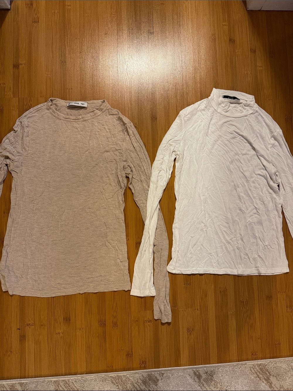 2 Mango Long-Sleeve Crewneck Tops - White & Beige